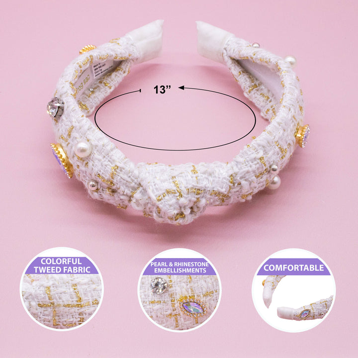 Embellished Knot Headband - Tweed Rhinestone Pearl: Black