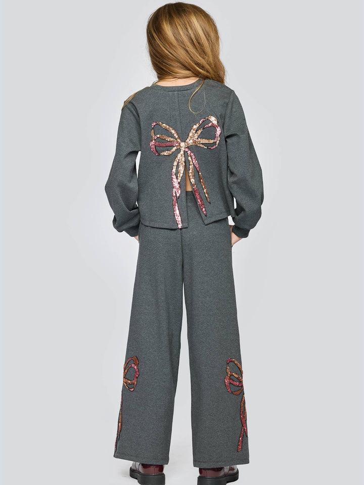 Sequin Bow Sweatshirt W/ Back Slit