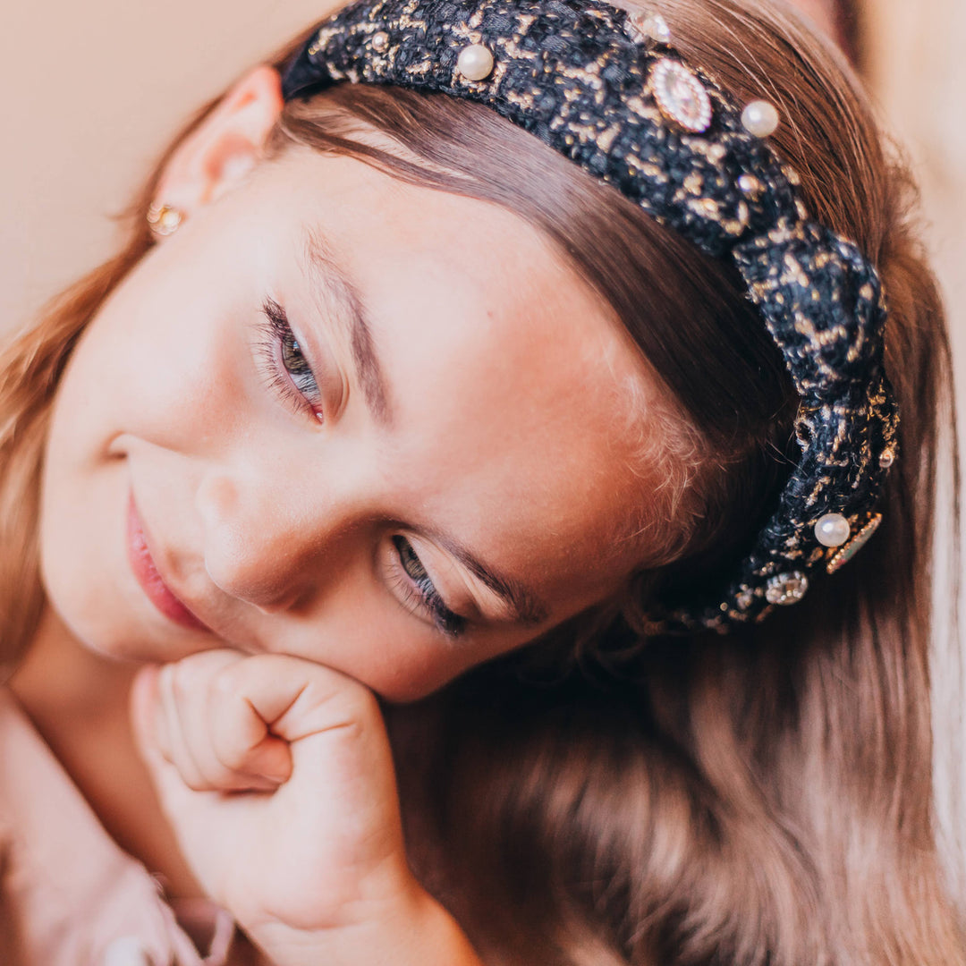 Embellished Knot Headband - Tweed Rhinestone Pearl: Black