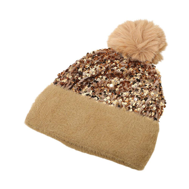 Sequin Embellished Pom Pom Beanie Hat