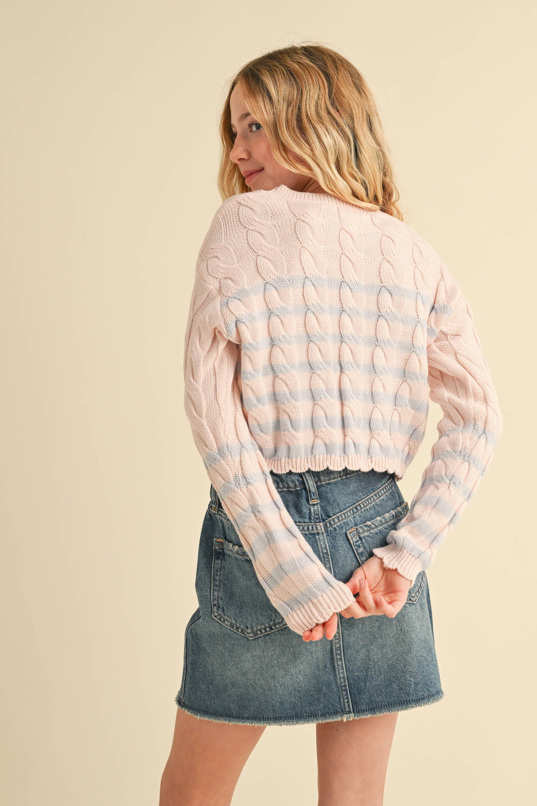 TWEEN GIRLS KIDS CABLE KNIT BOXY CROPPED PULLOVER