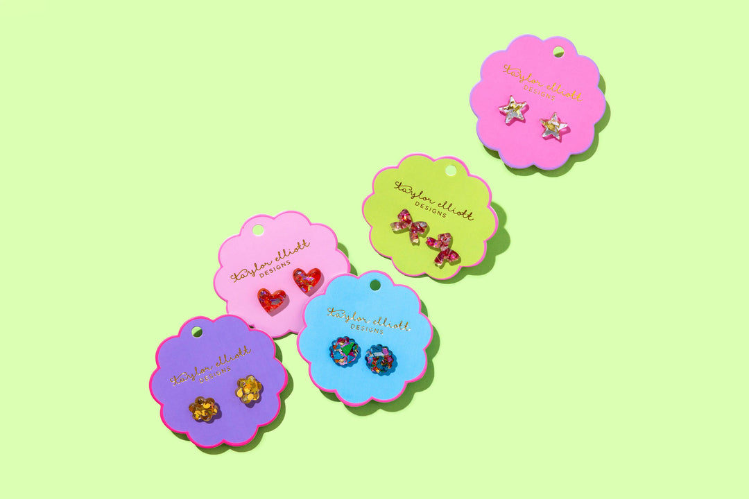 Stud Earrings - Acrylic Ribbon Bows - Pink + Silver Confetti