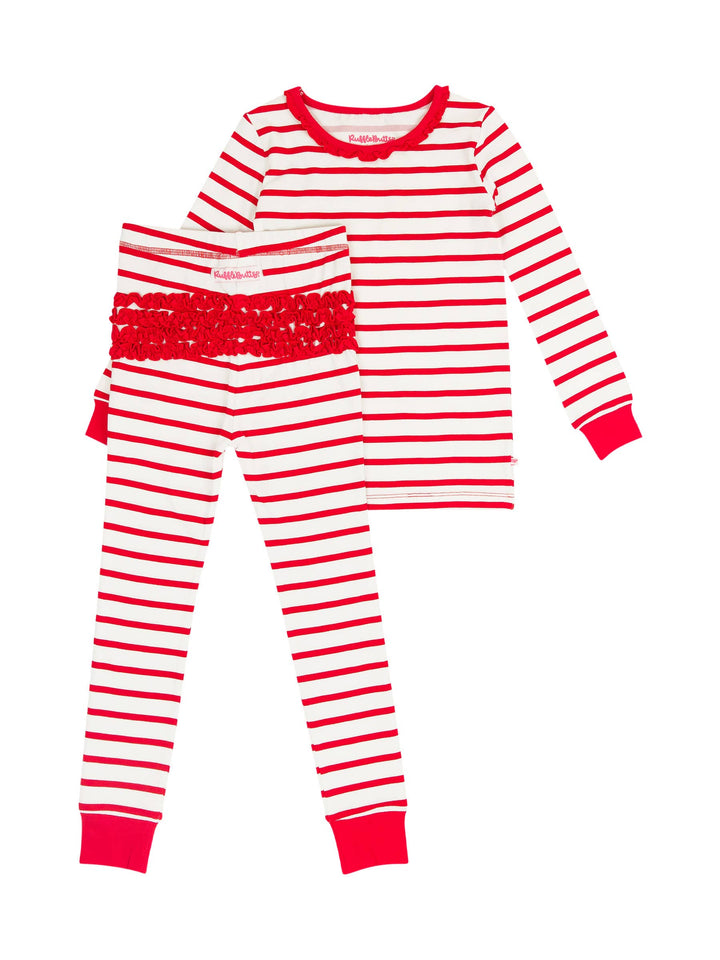 Girls Red & White Stripe Ruffle Long Sleeve Pajama Set