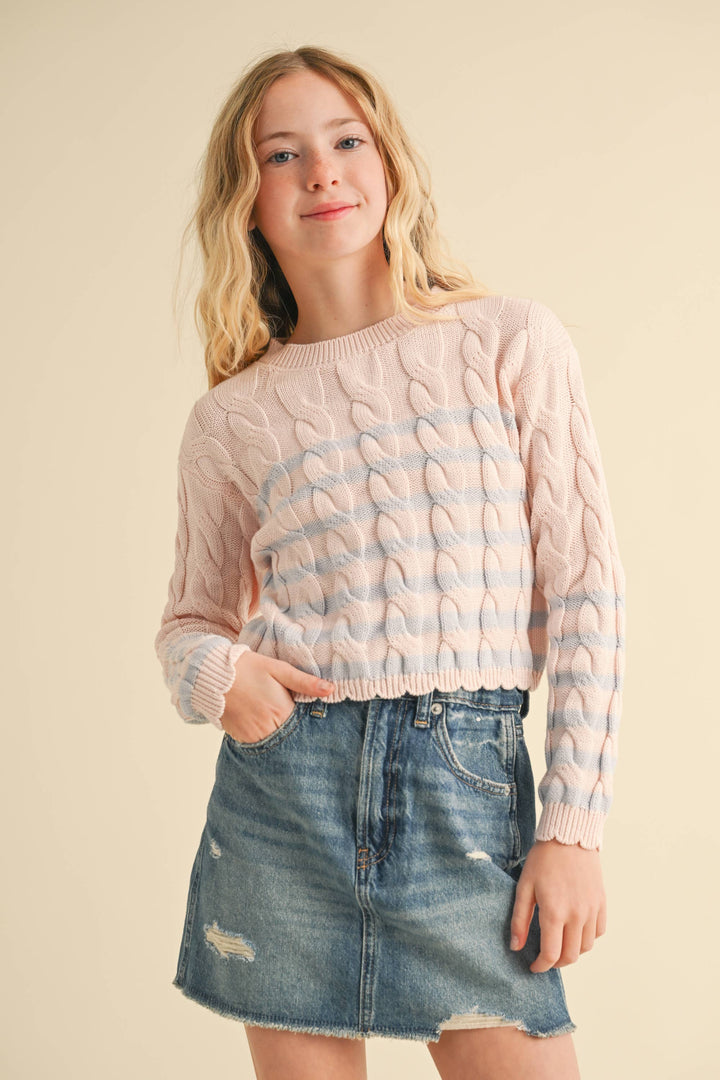 TWEEN GIRLS KIDS CABLE KNIT BOXY CROPPED PULLOVER