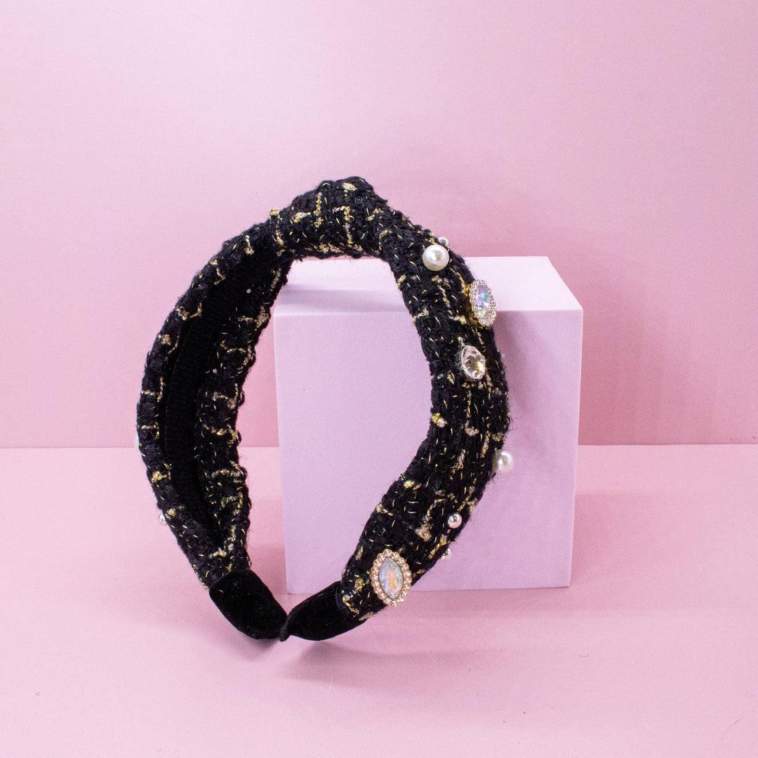 Embellished Knot Headband - Tweed Rhinestone Pearl: Black