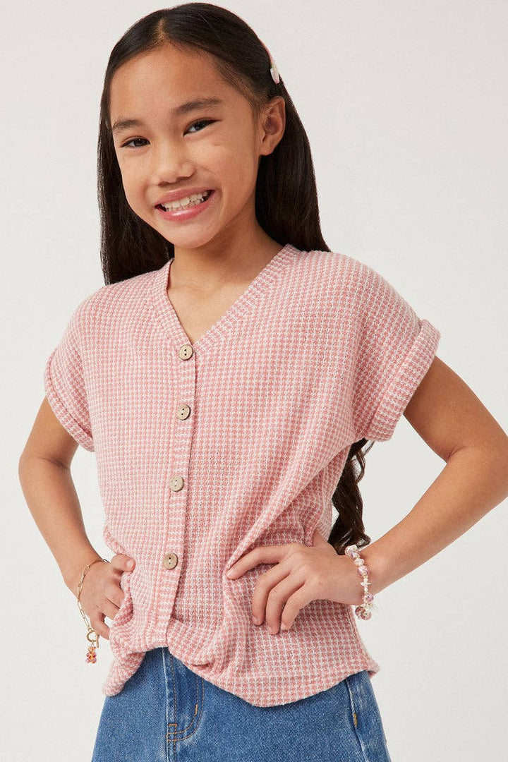 Textured Knit Buttoned Twist Front Top