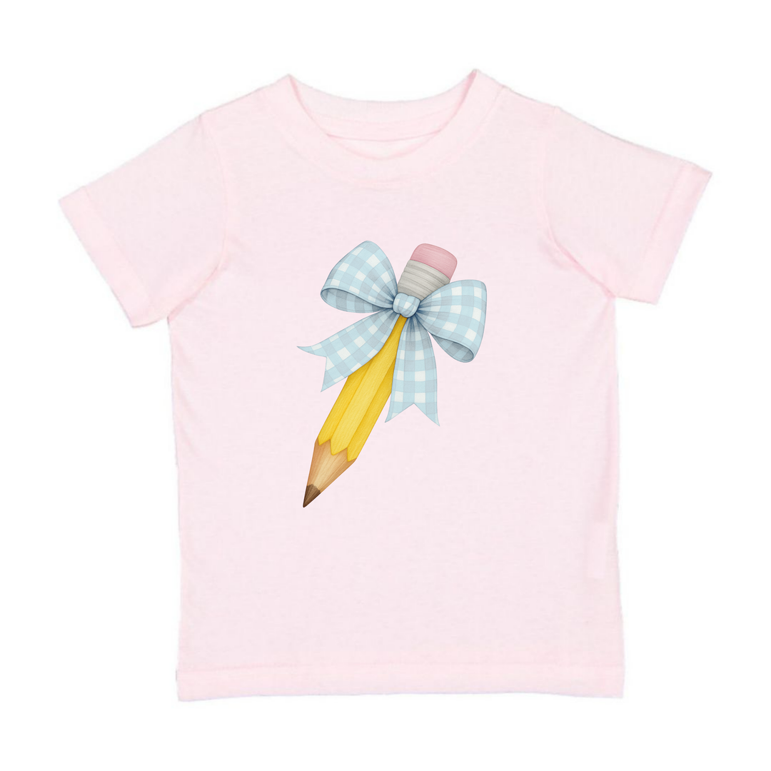 Blue Plaid Pencil Bow Short Sleeve T-Shirt - Back To School