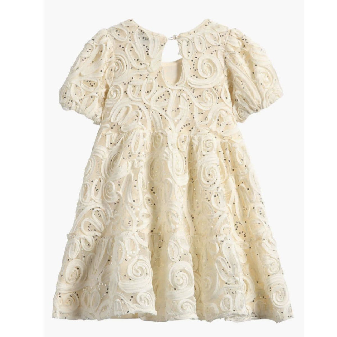Girls Soutache Sequin Puff Sleeve Babydoll Party Dress