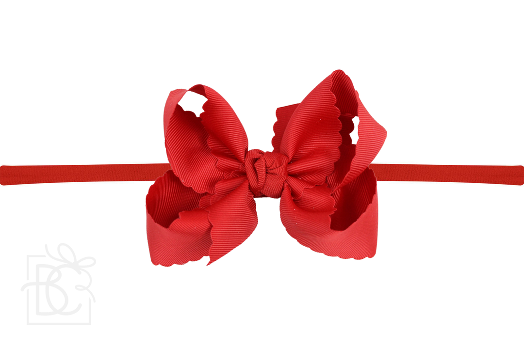 1/4" NYLON PANTYHOSE HEADBAND W/ SCALLOPED EDGE BOW: Red