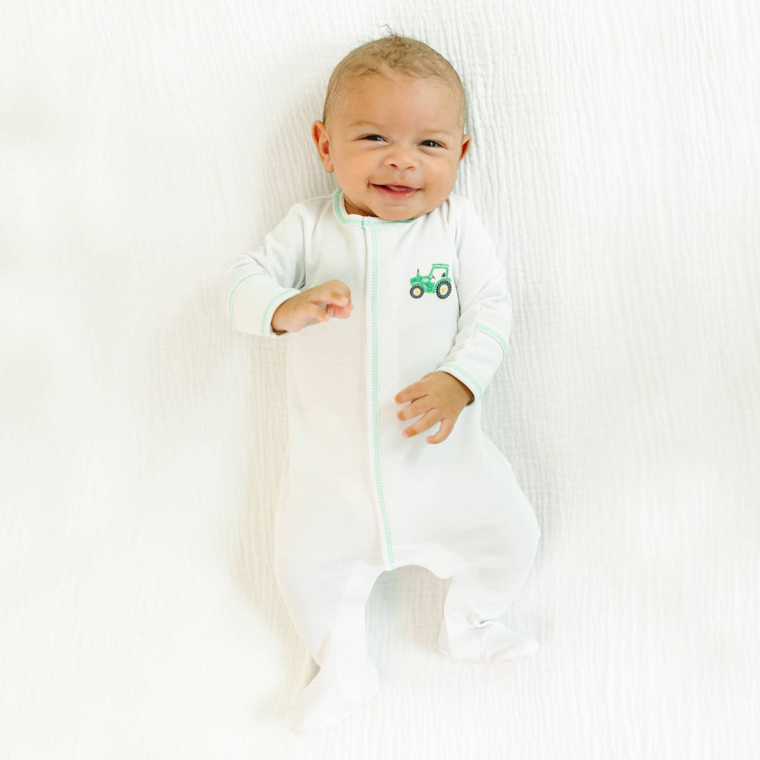 Lil' Green Tractor Embroidered Footie