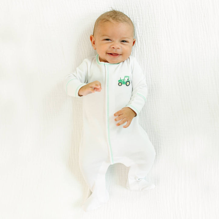 Lil' Green Tractor Embroidered Footie