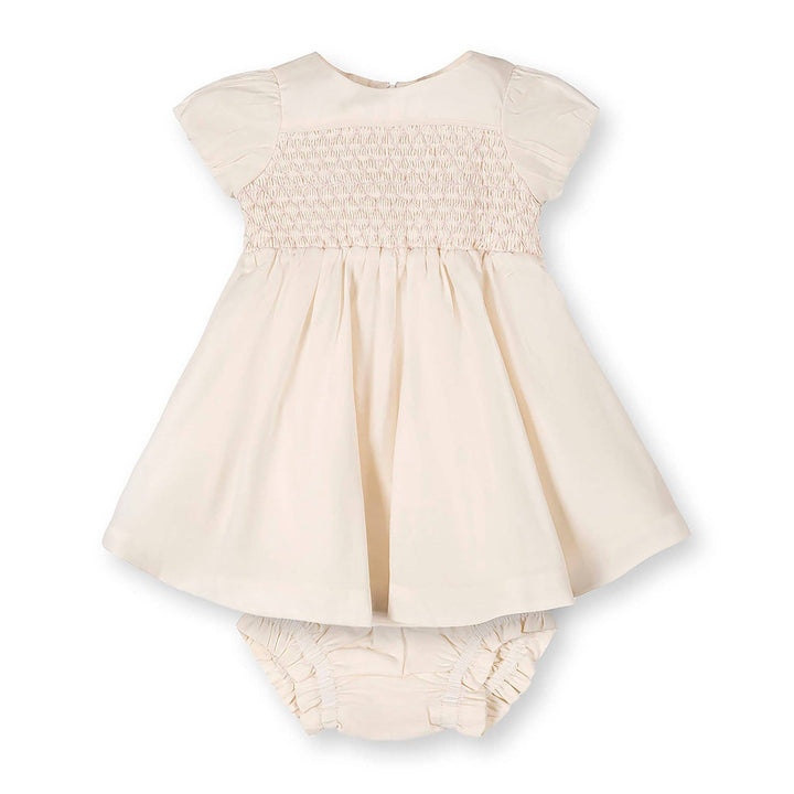 Organic Smocked Puff Sleeve Dress: Natural with Pink