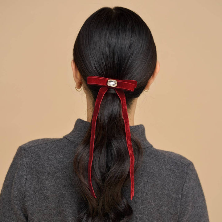 Holiday Velvet & Gemstone Bow Hair Clip