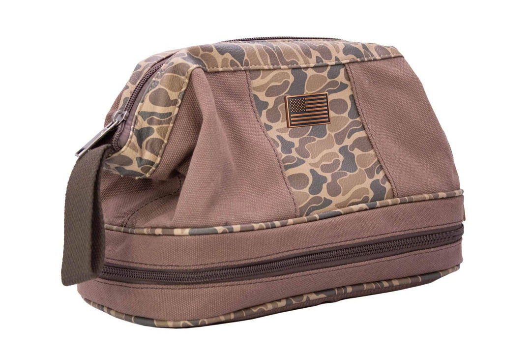 USA Flag Brown Waxed Canvas Old School Camo Men's Toiletry Dopp Bag.: Brown/Tan