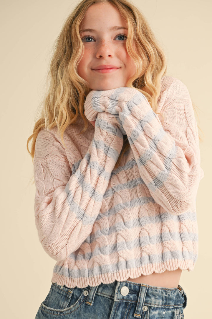 TWEEN GIRLS KIDS CABLE KNIT BOXY CROPPED PULLOVER