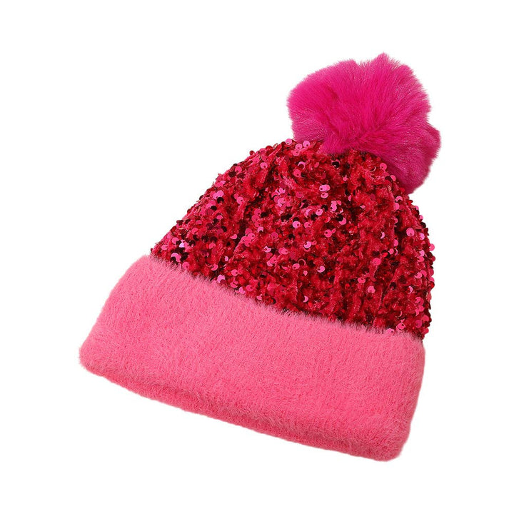 Sequin Embellished Pom Pom Beanie Hat