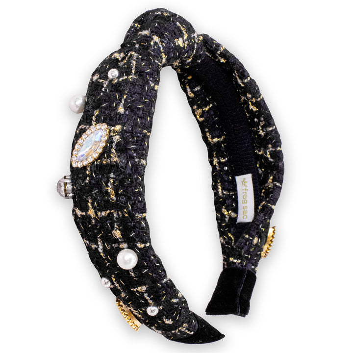 Embellished Knot Headband - Tweed Rhinestone Pearl: Black