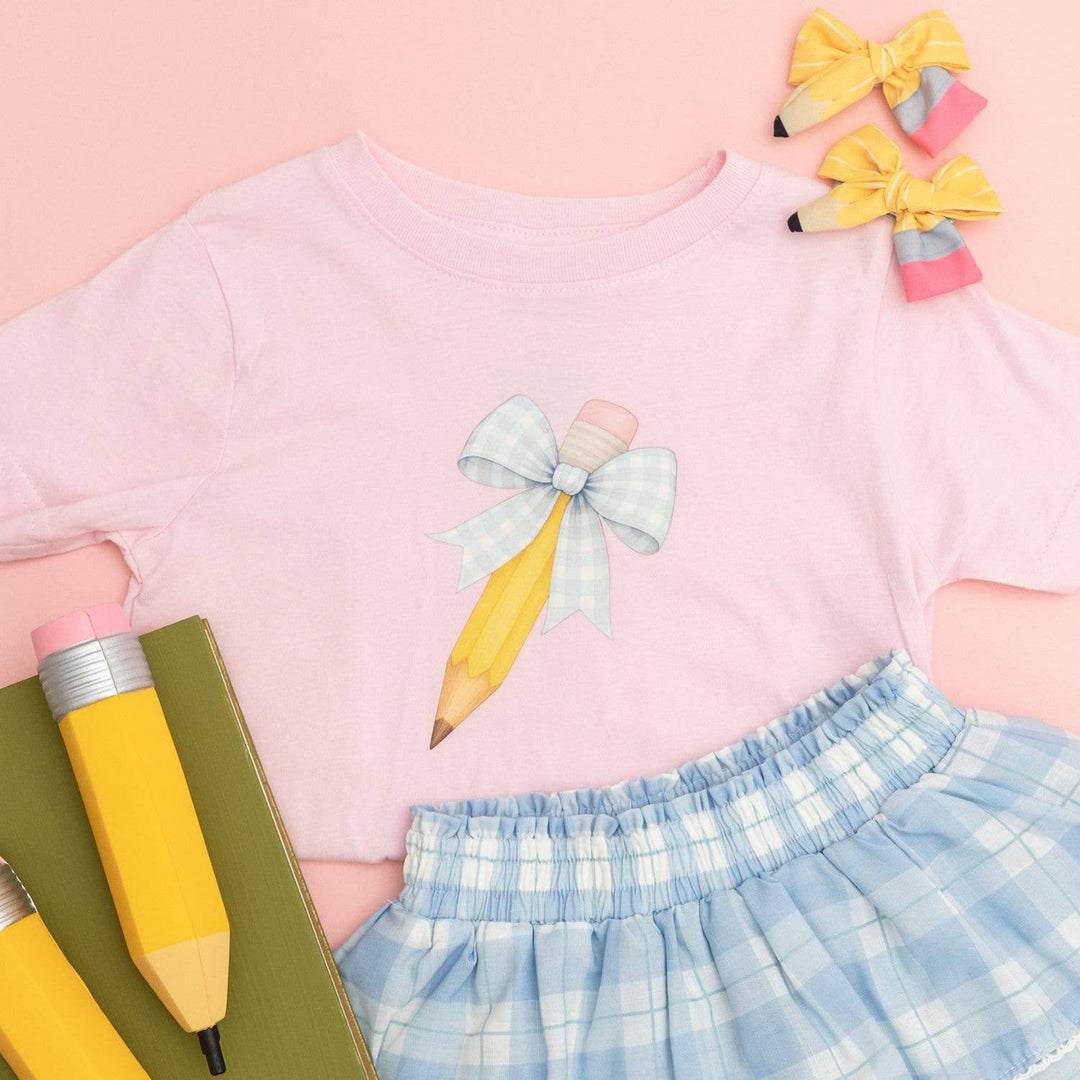 Blue Plaid Pencil Bow Short Sleeve T-Shirt - Back To School