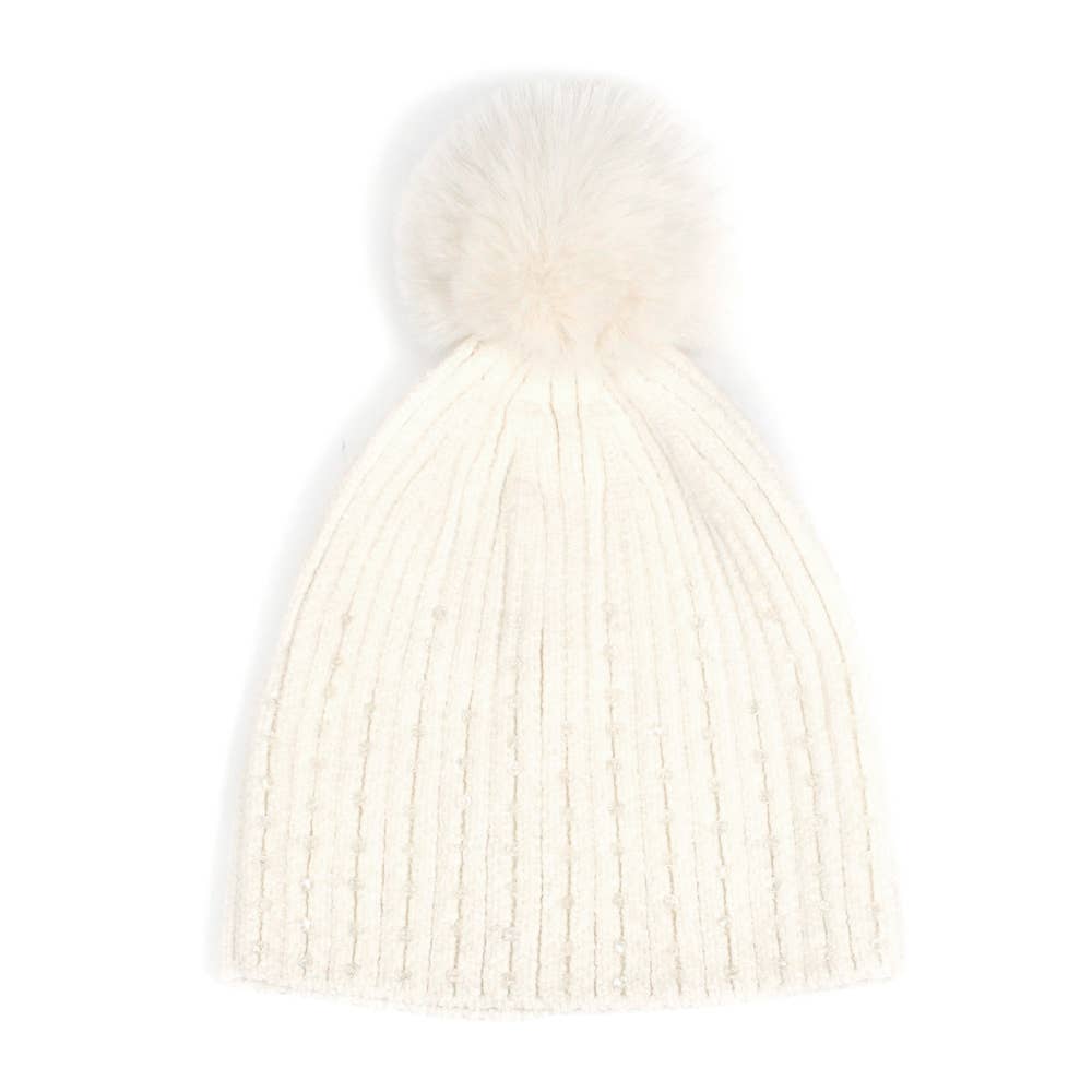 Stone Embellished Chenille Pom Pom Beanie Hat
