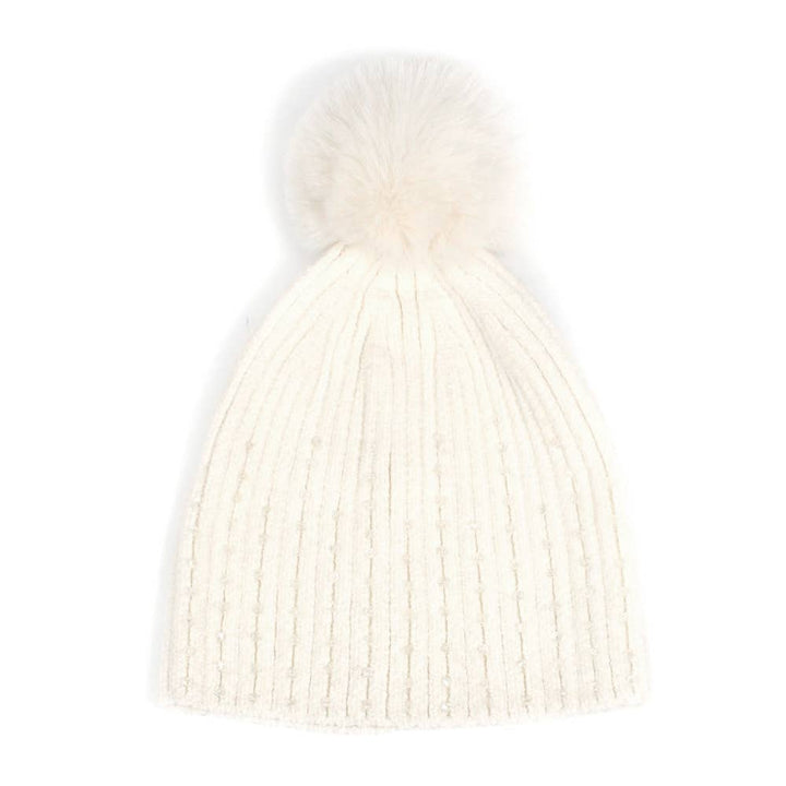 Stone Embellished Chenille Pom Pom Beanie Hat