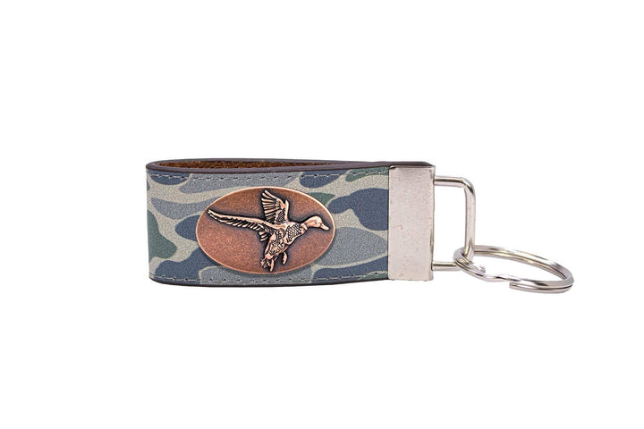 Mallard Hunting Old School Camo Leather Loop Keychain.: Brown/Tan Camo