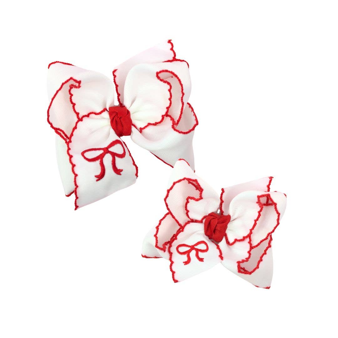 EMBROIDERED BOW CROCHET EDGE HAIR BOW ON CLIP