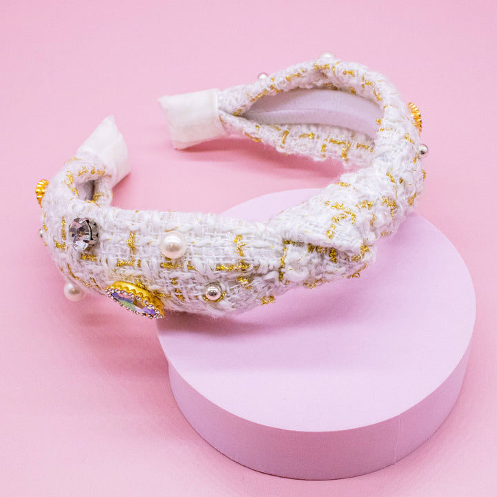 Embellished Knot Headband - Tweed Rhinestone Pearl: Black