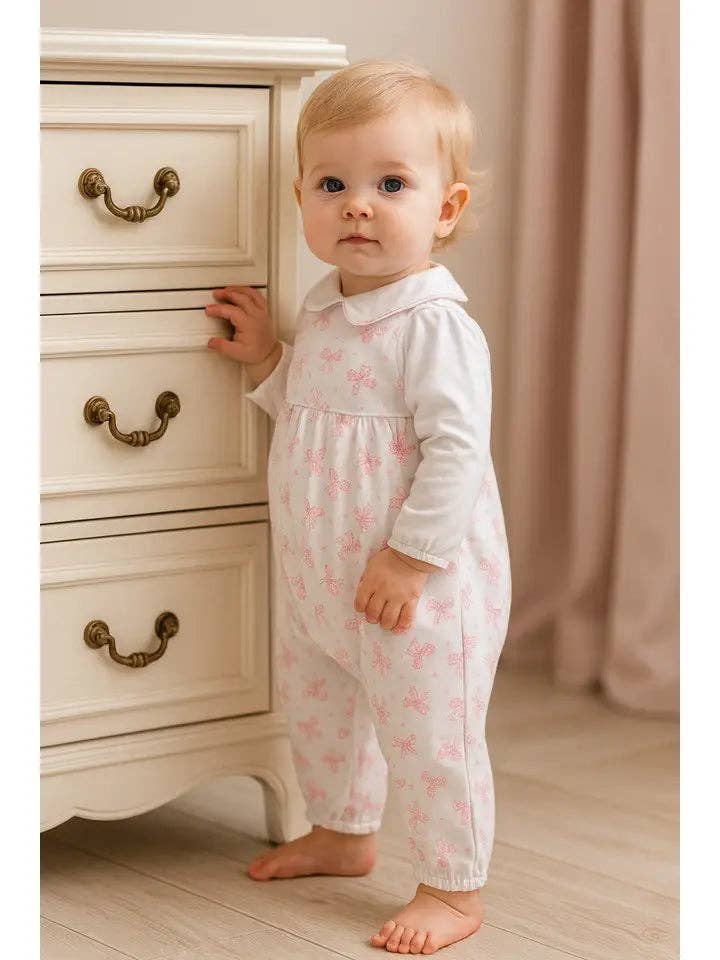 Girls Romper Set Pink Bows Print 100% Pima Cotton