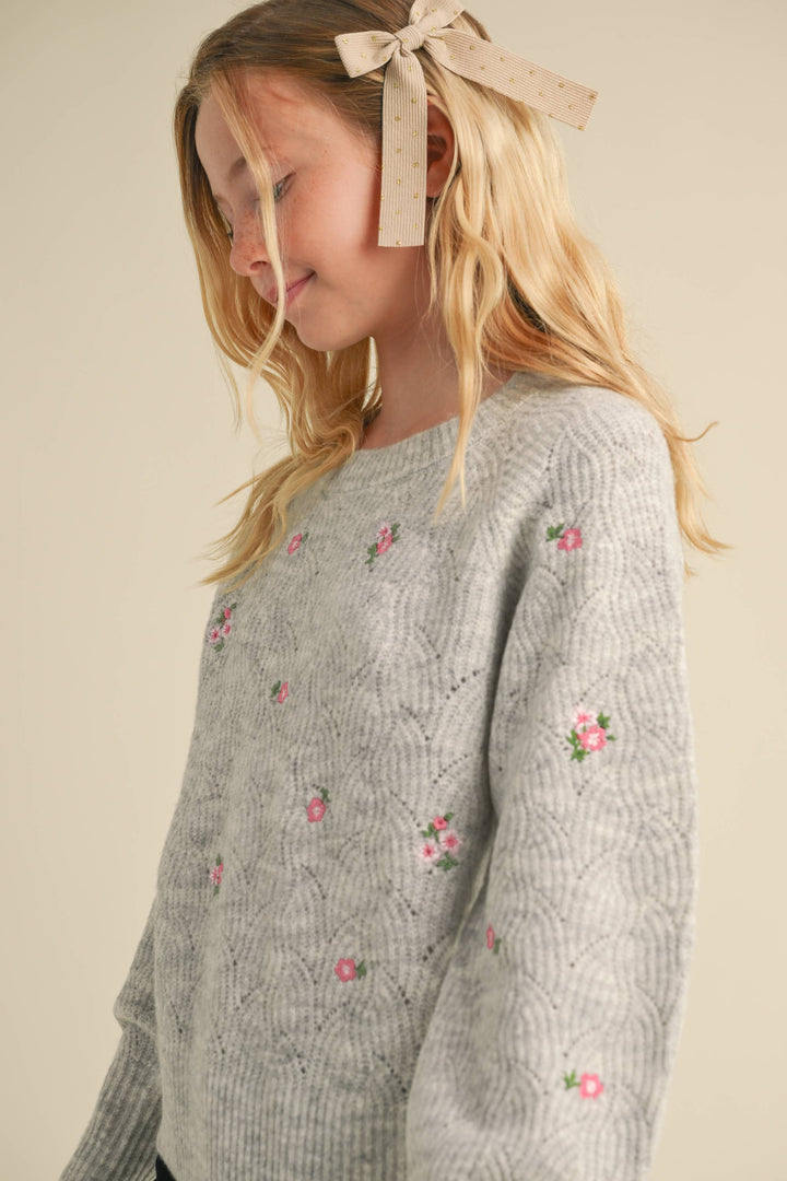 Tween Raglan Sweater w/Embroidered Flowers