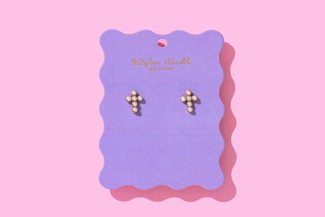 Stud Earrings - Gold-Plated + Pearl Crosses - Faith