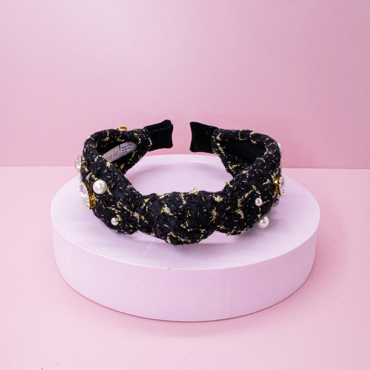 Embellished Knot Headband - Tweed Rhinestone Pearl: Black