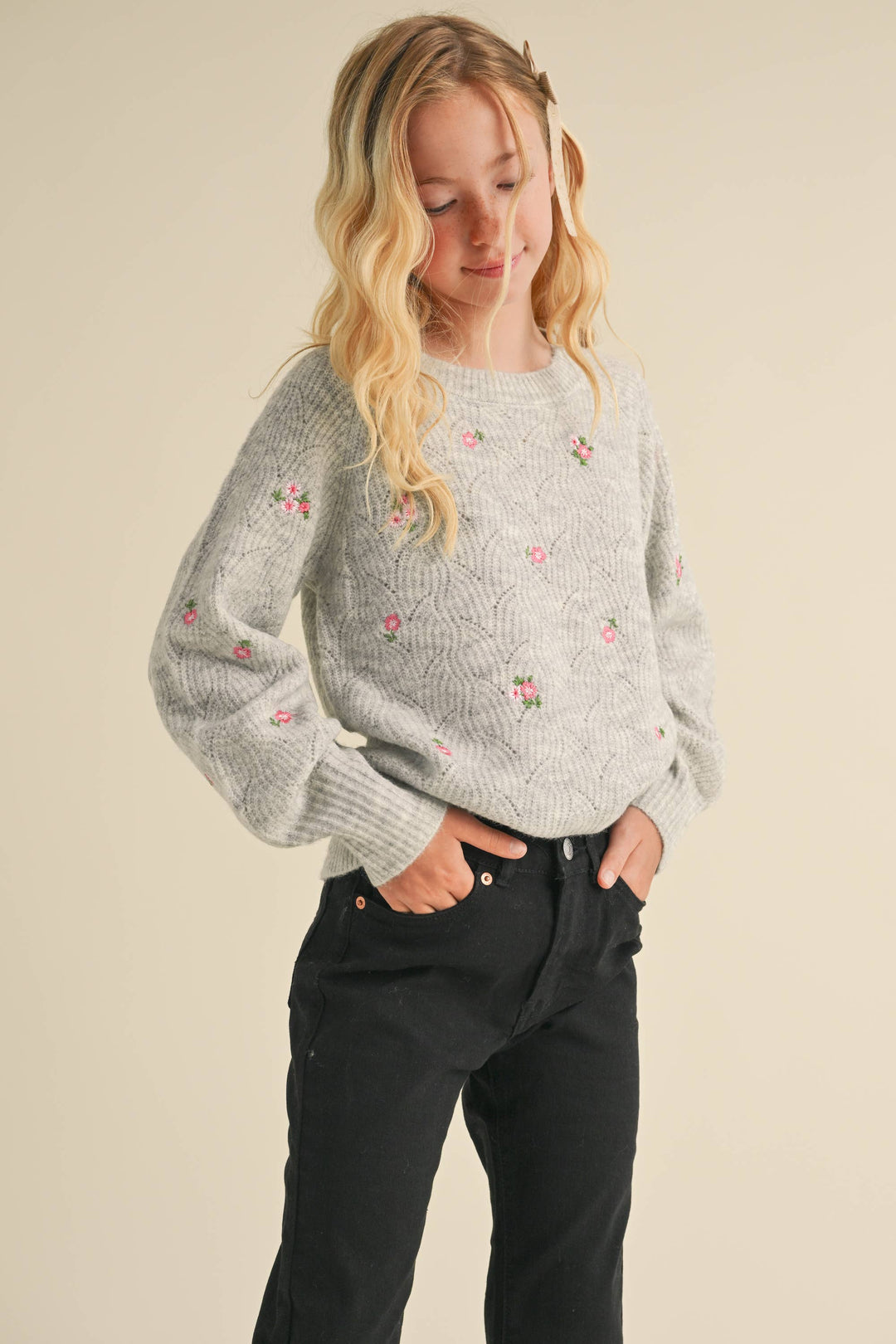 Tween Raglan Sweater w/Embroidered Flowers