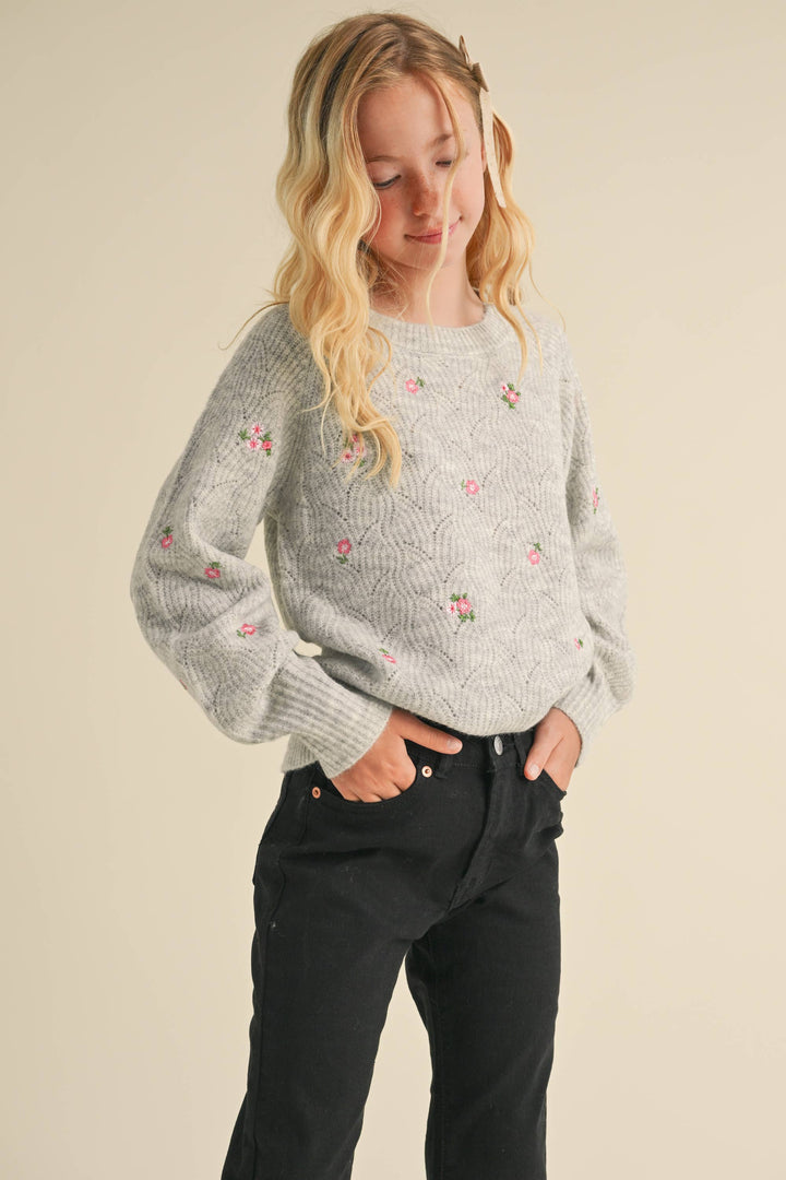 Tween Raglan Sweater w/Embroidered Flowers