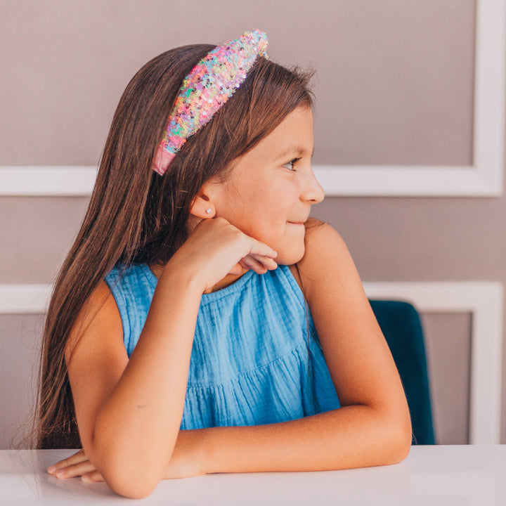 Sparkly Sequin Knot Headband: Rainbow