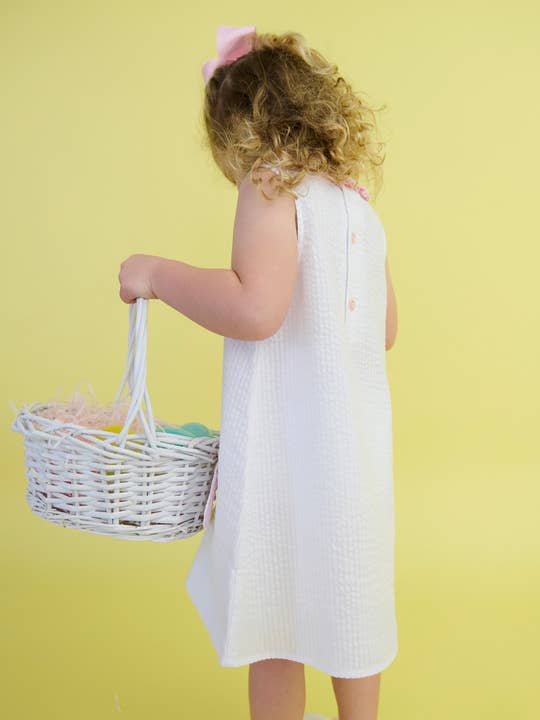 Girls Pink Bunny Ears Seersucker Ruffle Pocket Dress