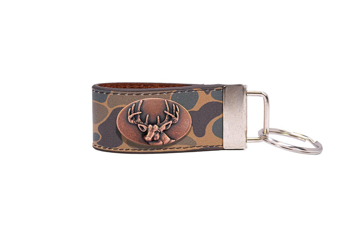 Buck Hunting Old School Camo Leather Loop Keychain