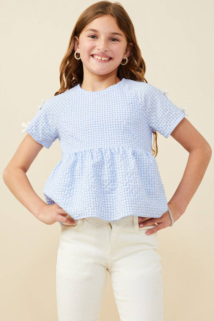 Contrast Ribbon Gingham Babydoll Top
