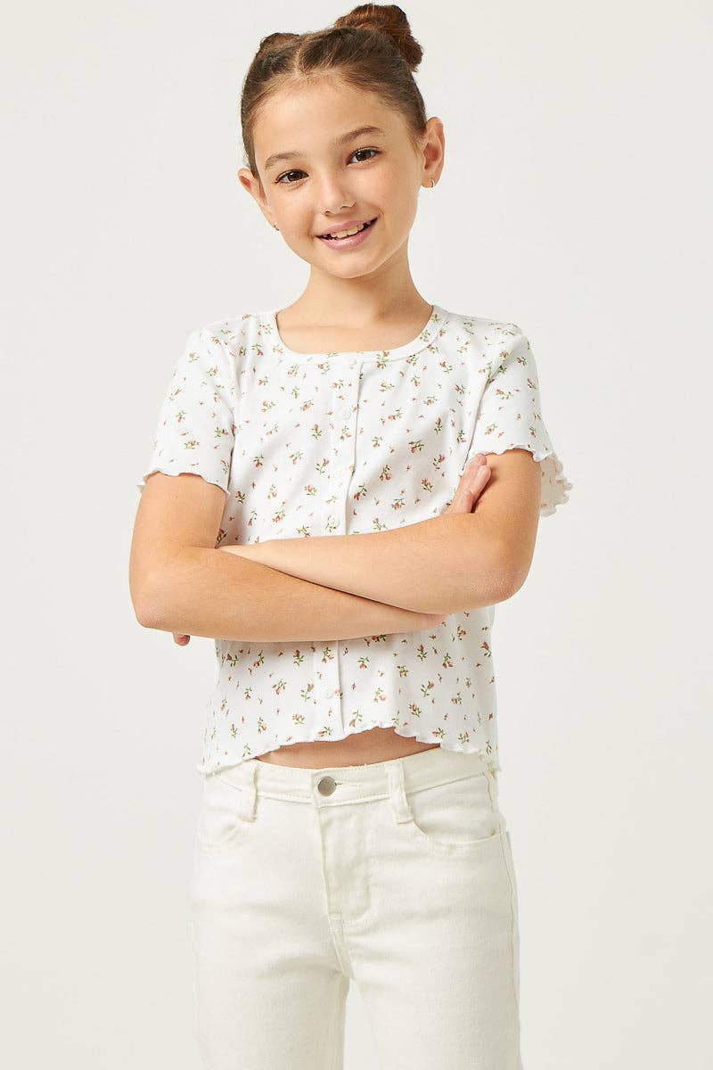 Button Detail Ditsy Floral Knit T Shirt