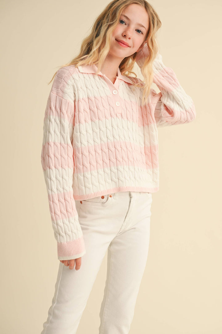 TWEEN GIRLS KIDS L/S POLO IN CABLE KNIT
