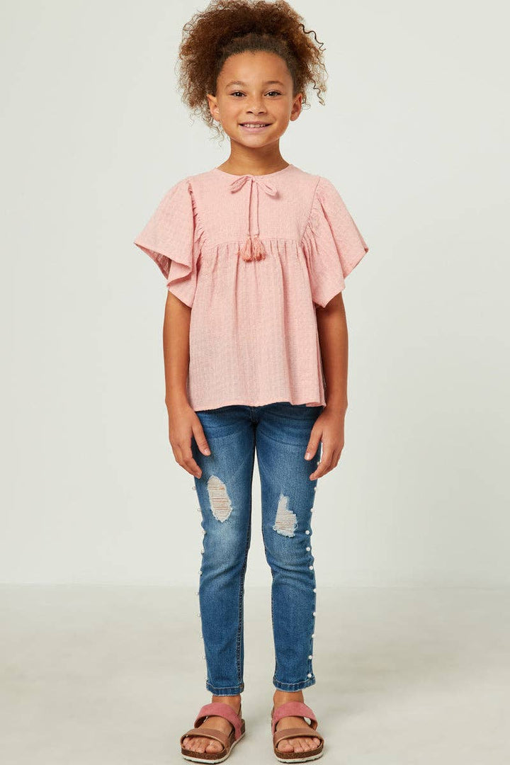 Flutter Sleeve Tassel Detail Textured Top