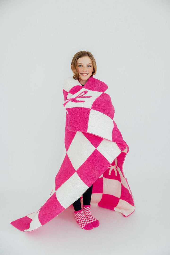 Bright Pink Checker Bow Cozy Blanket