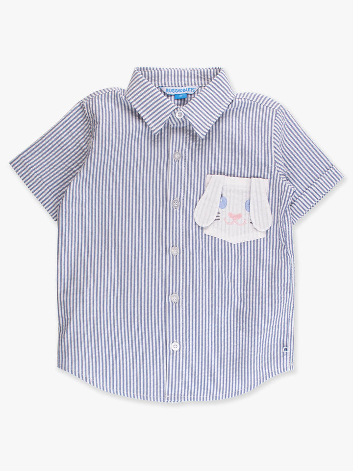 Boys Blue Bunny Ears Seersucker Embroidered Pocket Short Sleeve Button Down Shirt