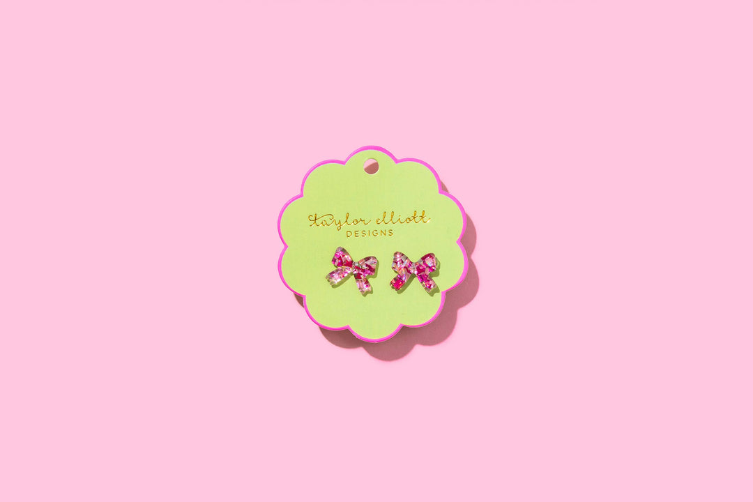 Stud Earrings - Acrylic Ribbon Bows - Pink + Silver Confetti