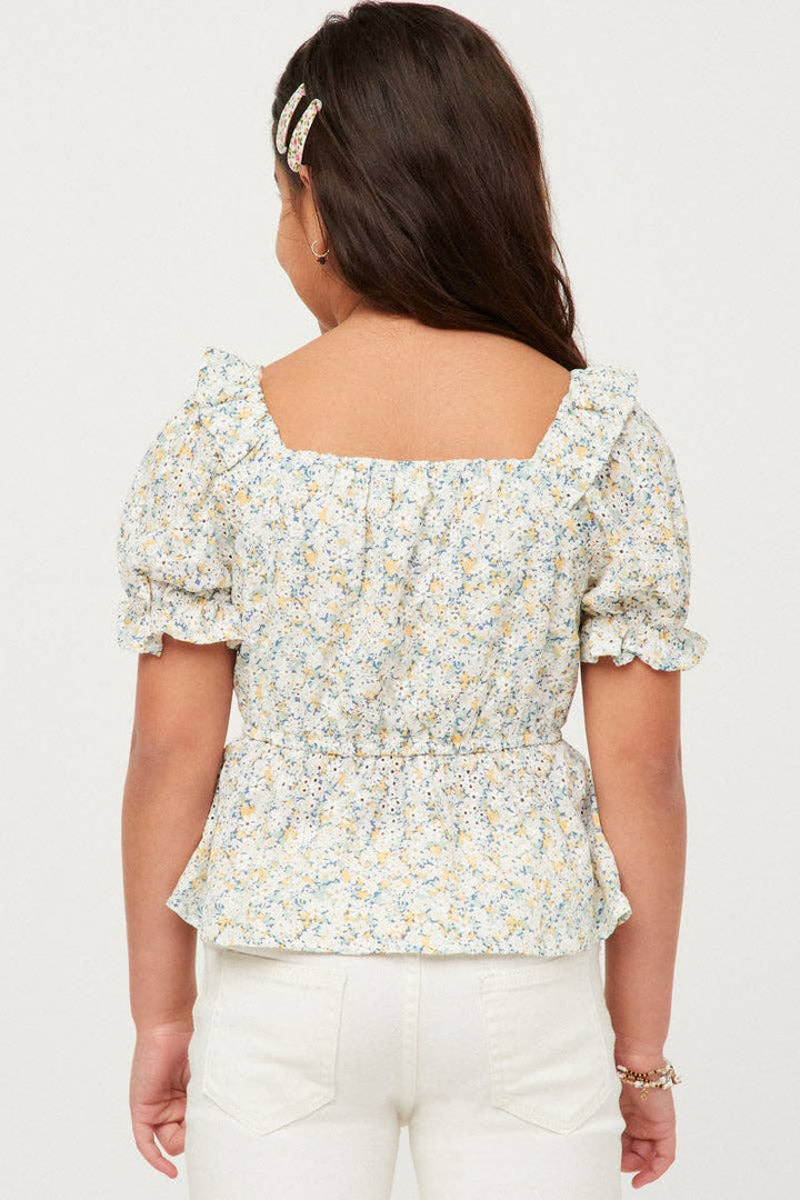 Embroidered Eyelet Ruffled Floral Peplum Top