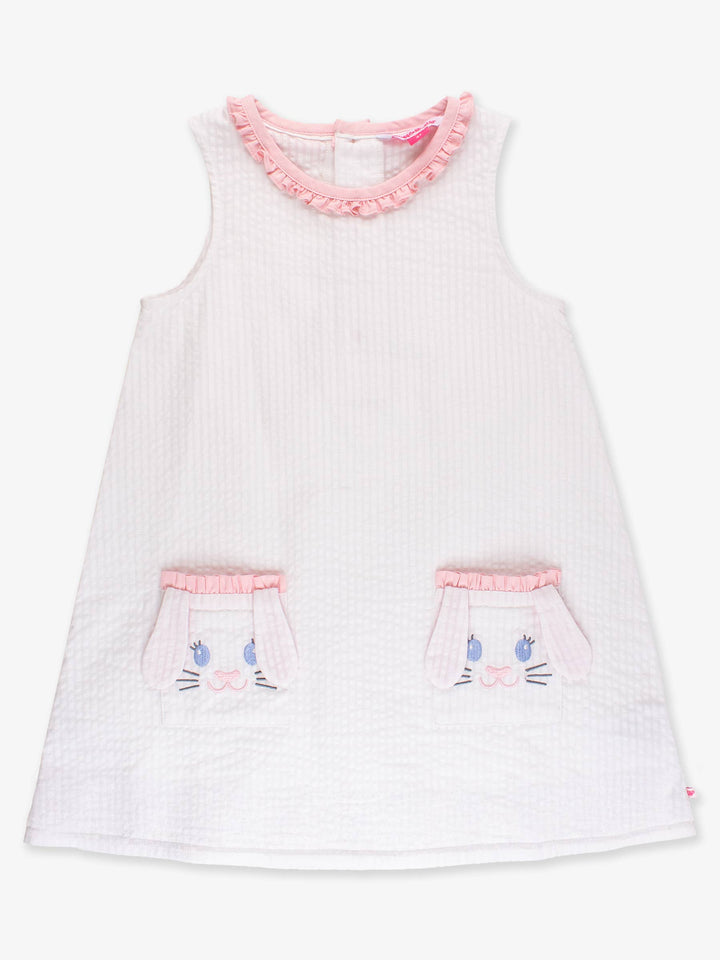Girls Pink Bunny Ears Seersucker Ruffle Pocket Dress