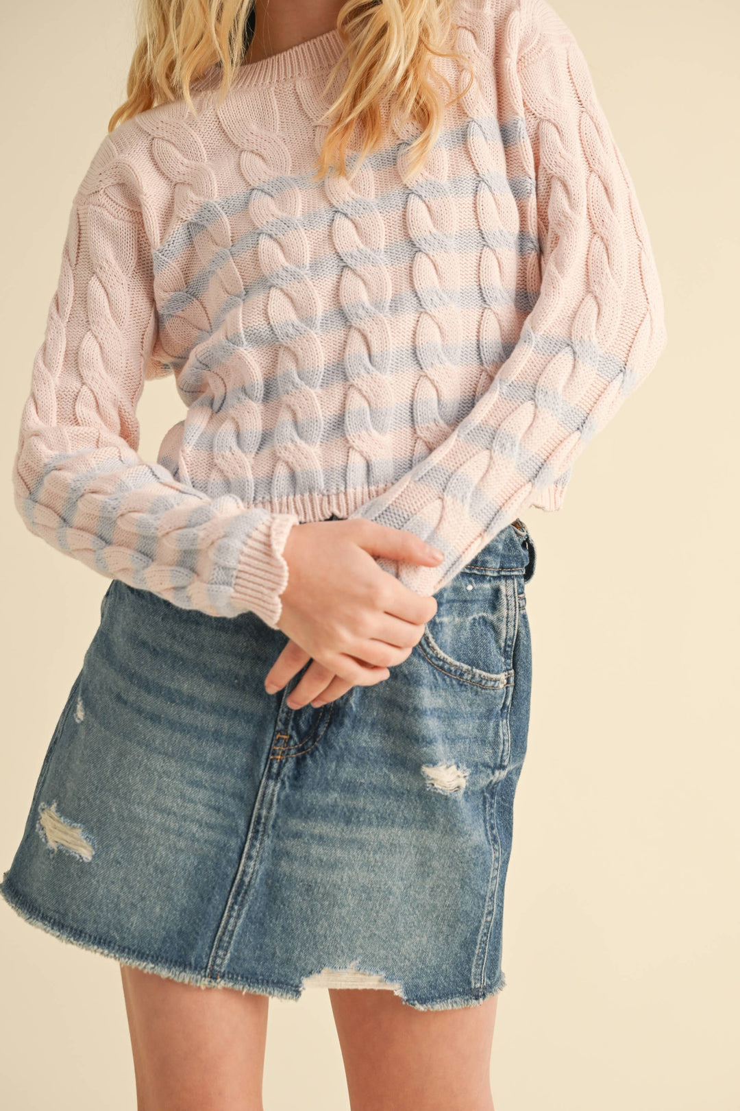 TWEEN GIRLS KIDS CABLE KNIT BOXY CROPPED PULLOVER