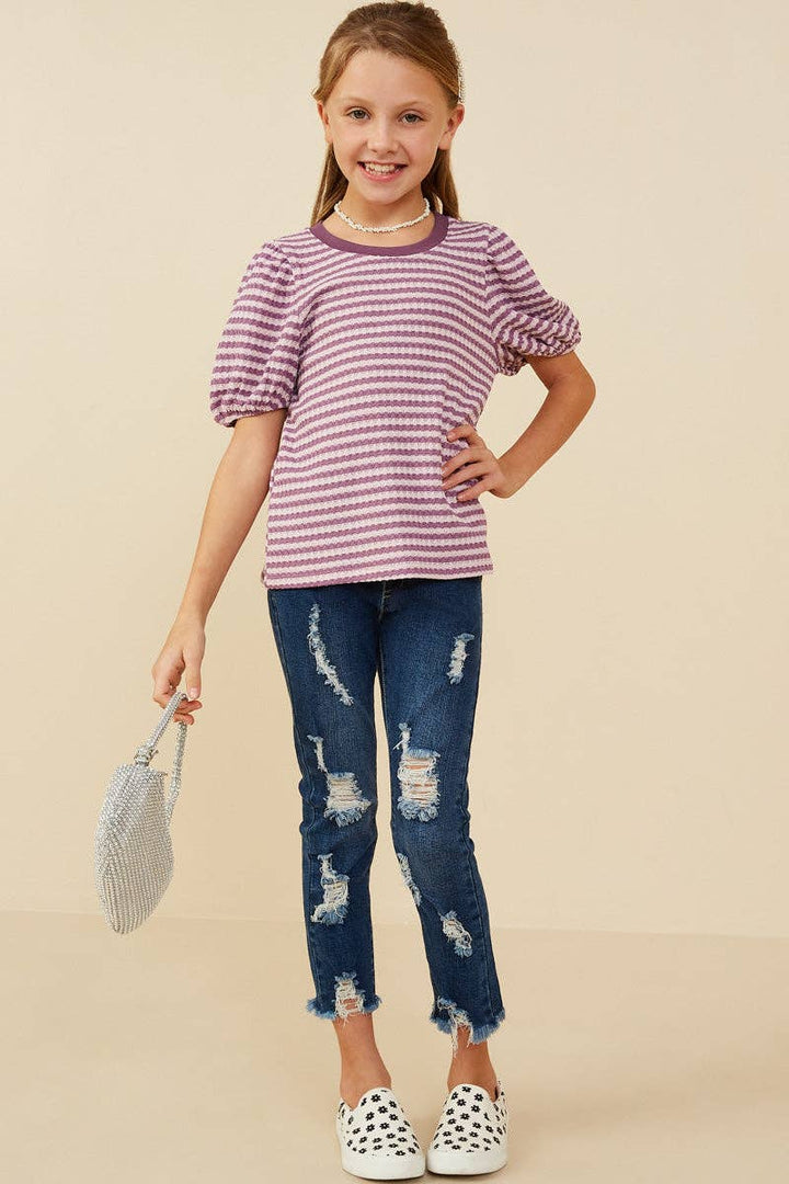 Puff Sleeve Textured Stripe Knit Top