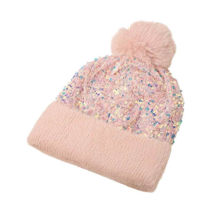 Sequin Embellished Pom Pom Beanie Hat