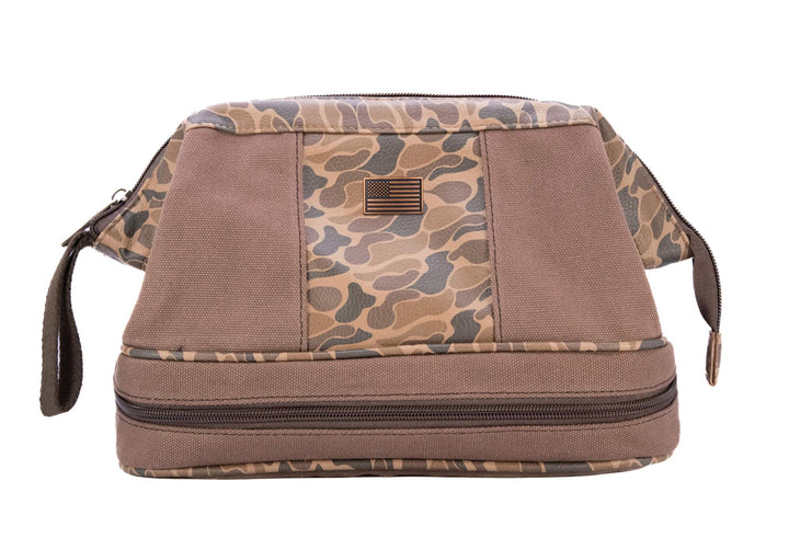USA Flag Brown Waxed Canvas Old School Camo Men's Toiletry Dopp Bag.: Brown/Tan