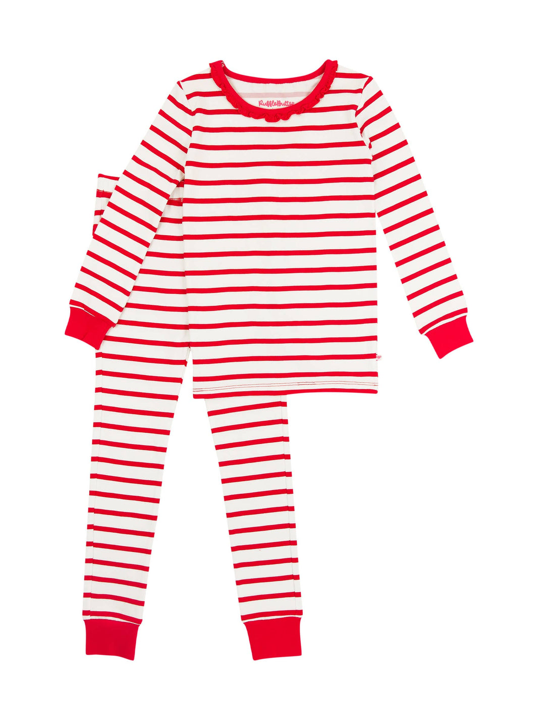 Girls Red & White Stripe Ruffle Long Sleeve Pajama Set